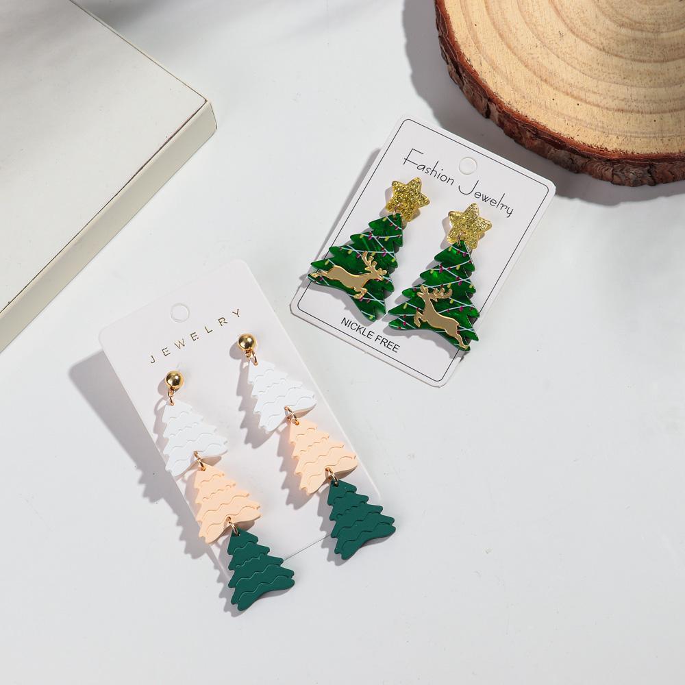 New Long Christmas Tree Acrylic Earrings for Women Fashion Xmas Trees Mirrored Elk Drop Earring Party Jewelry Gifts