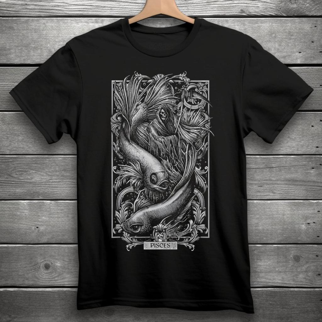 Pisces Zodiac Sign Goth Skull Unisex Black T-Shirt S-3XL