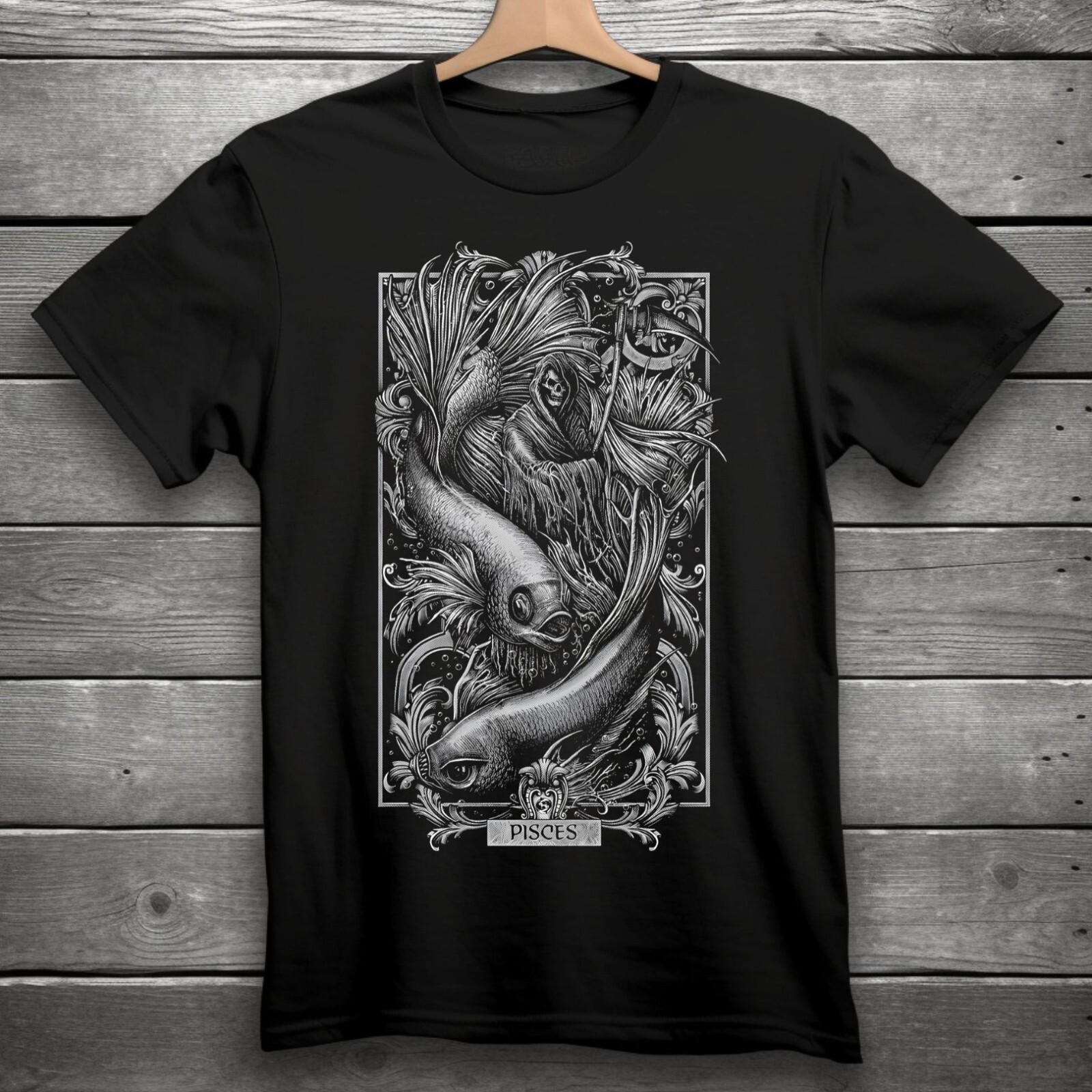 Pisces Zodiac Sign Goth Skull Unisex Black T-Shirt S-3XL S