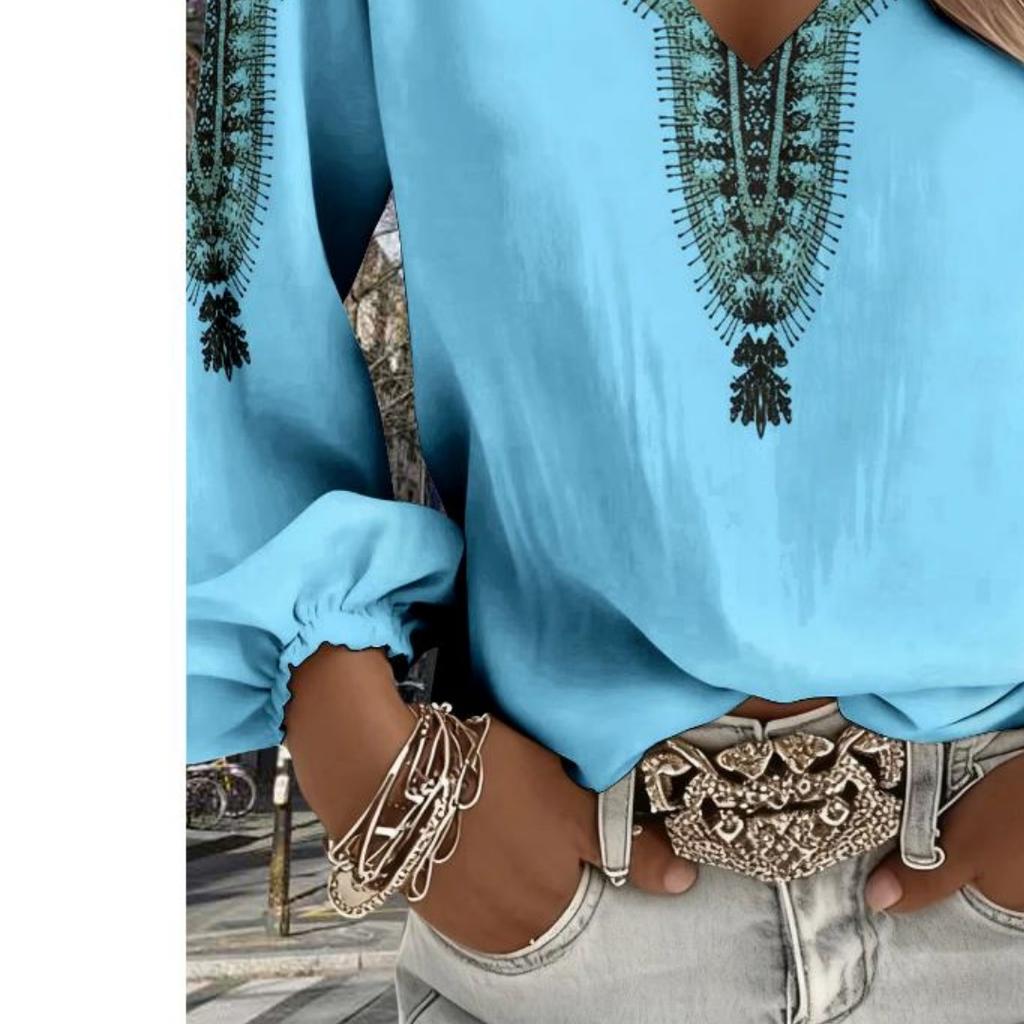Lady's Vintage Western-style Printed Blouse, V-neck Long Sleeves, Suitable for Summer Vacations and Outdoor Gatherings
