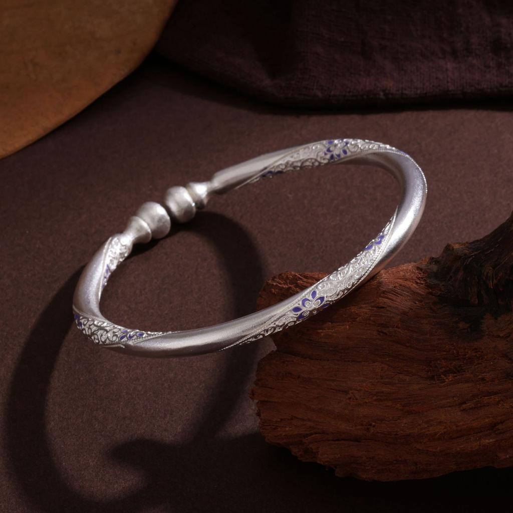 White Copper Silver-plated Enamel Color Gourd Flower Opening Bracelet Female National Style Silver Bracelet for Girlfriend and Girlfriend Gift