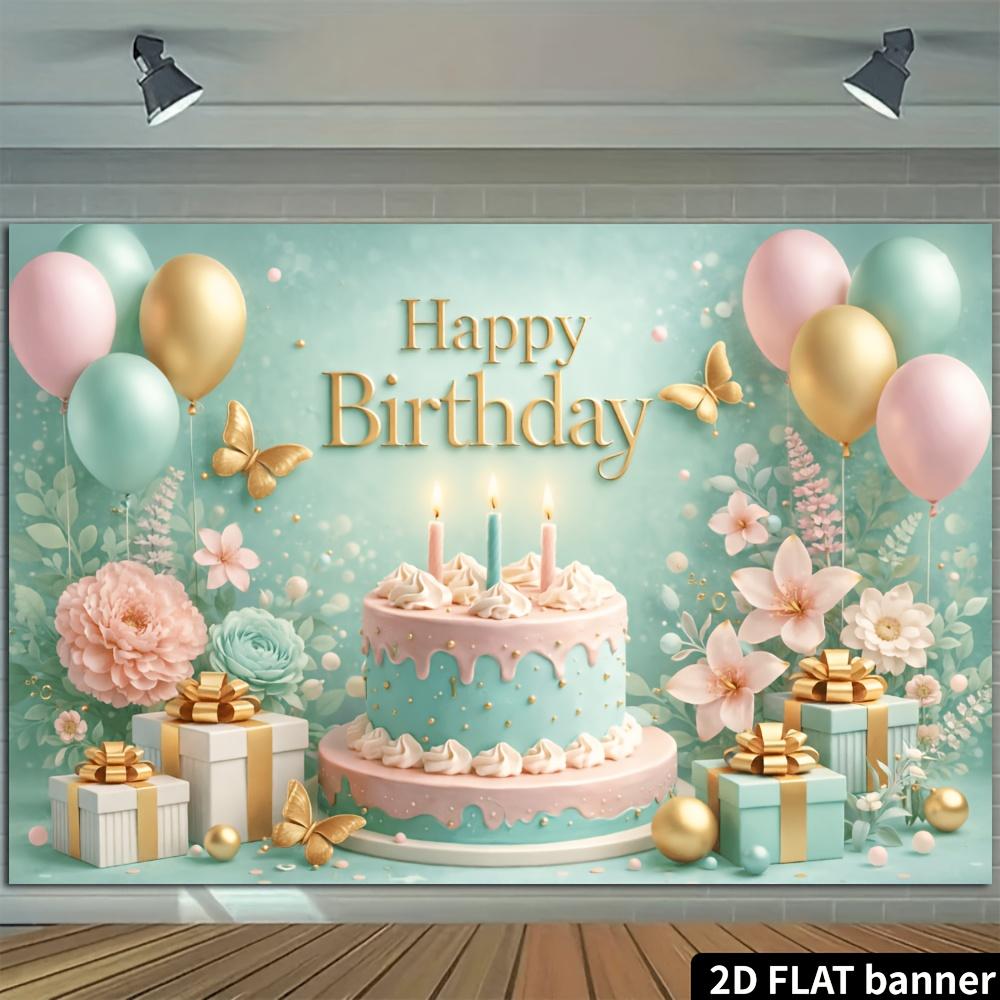 2D Plane Decorative Cake Background for Birthday - Mint Green Base with Gold Foil Letters: "Happy Birthday"