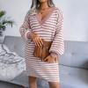 Herbst Winter Damen Locker Gestricktes Kleid Langarm V-Ausschnitt Streifen Aushöhlen Wollig