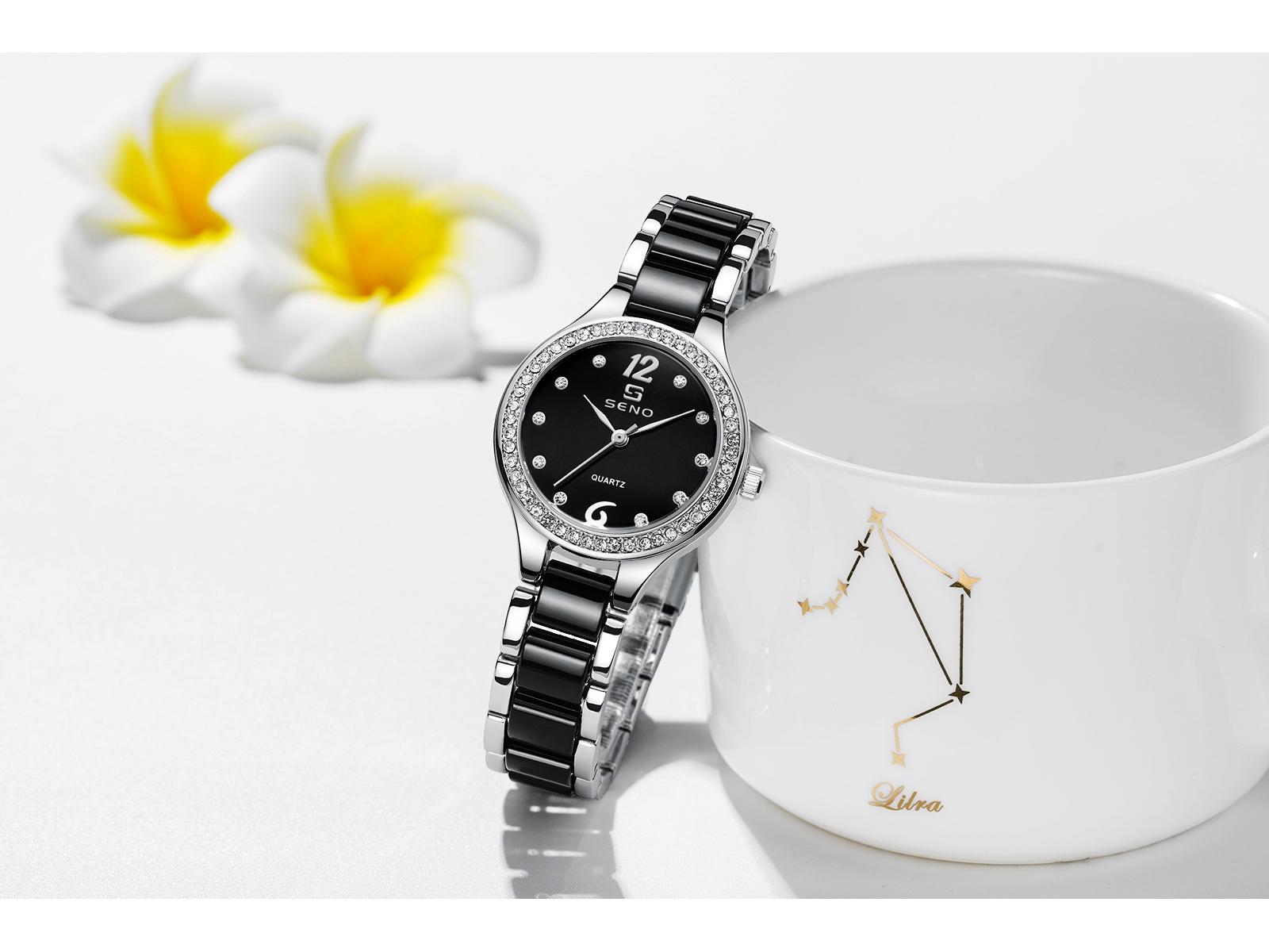 Женские керамические часы Chenno с бриллиантами и кварцевым механизмом - Модные, Водонепроницаемые