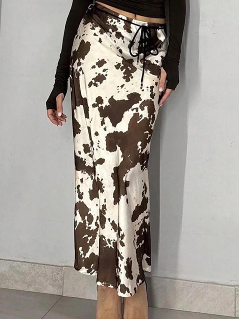 2025 Autumn/Winter Women's Satin Print Long Skirt - Slimming Imitation Silk