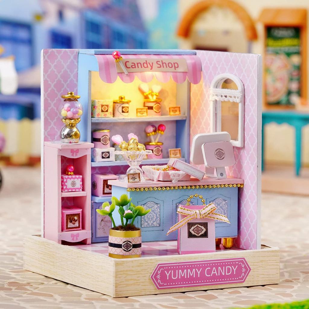 CUTEROOM DIY Dollhouse Miniature Handmade Kit Set with Flower and Sweet Easy English Beautiful Candy Shop Realistic LED Dustproof Display Cover