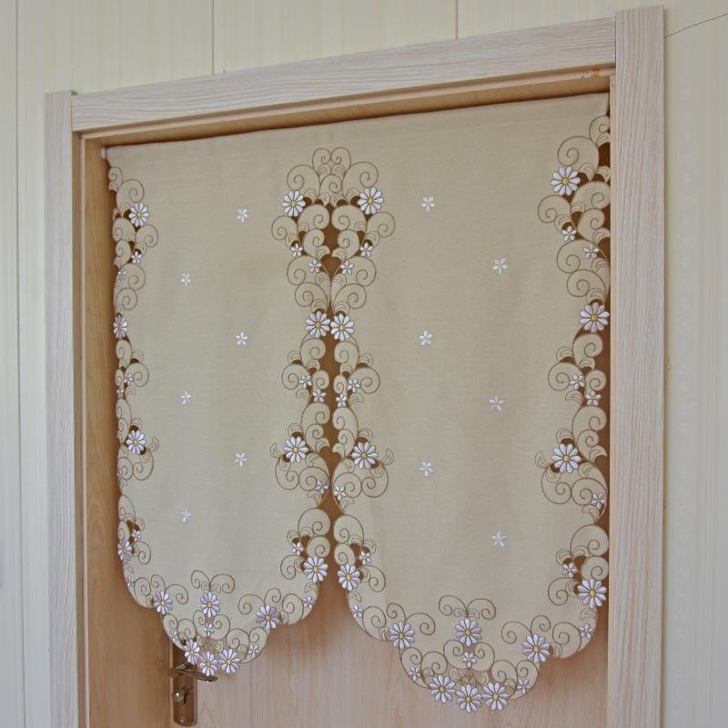 Rideau Court Kaki Clair Tissu Brodé Rideau de Porte Marguerite Rideau Élégant pour Chambre Salon Salle de Bain Cuisine, Sans Tringle, 1 pièce