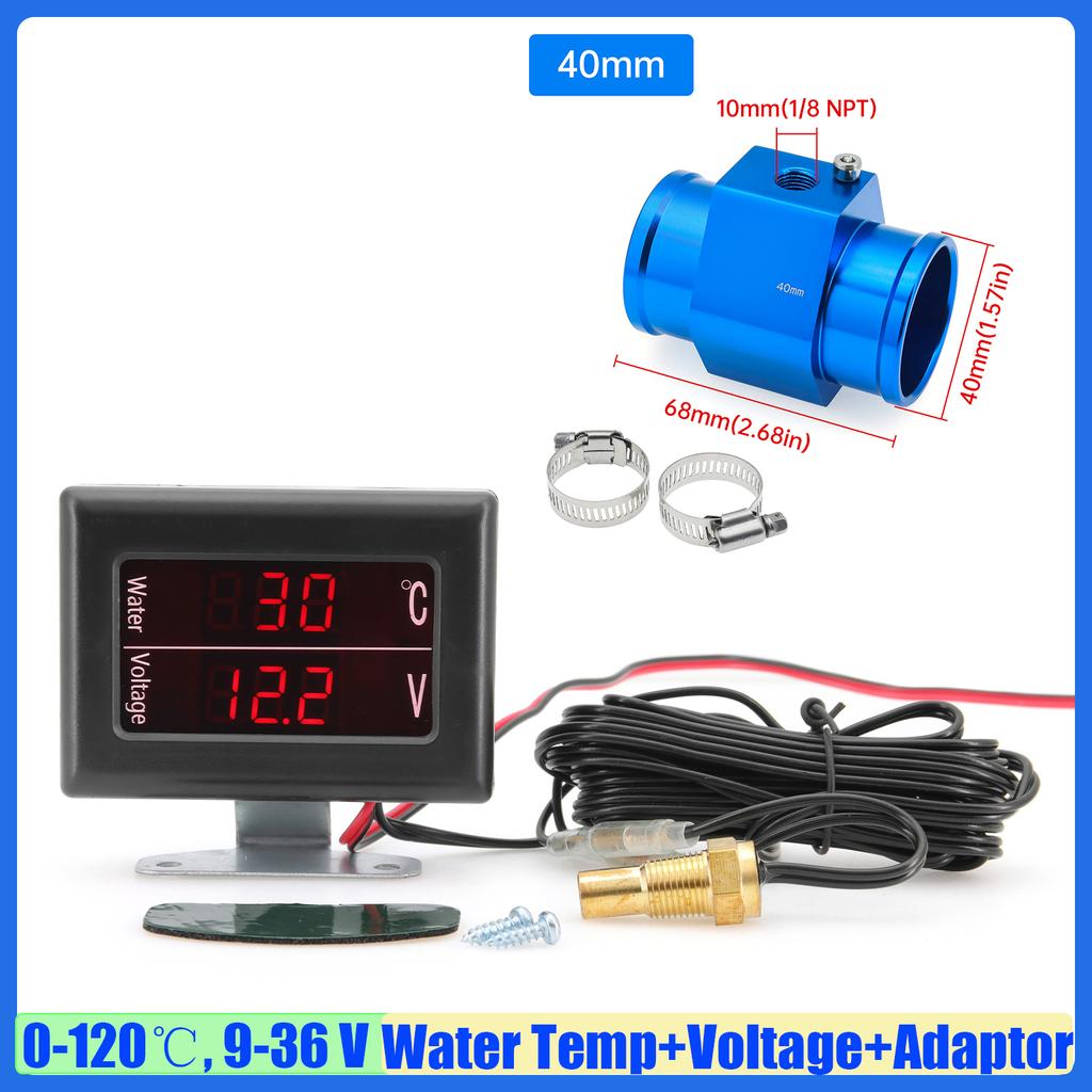 MAIMEIMI Red LED Digital 0-120℃ Water Temperature+Voltage Auto Car Mini Dual Water Temp Gauge with Sensor Adapter 26-40mm
