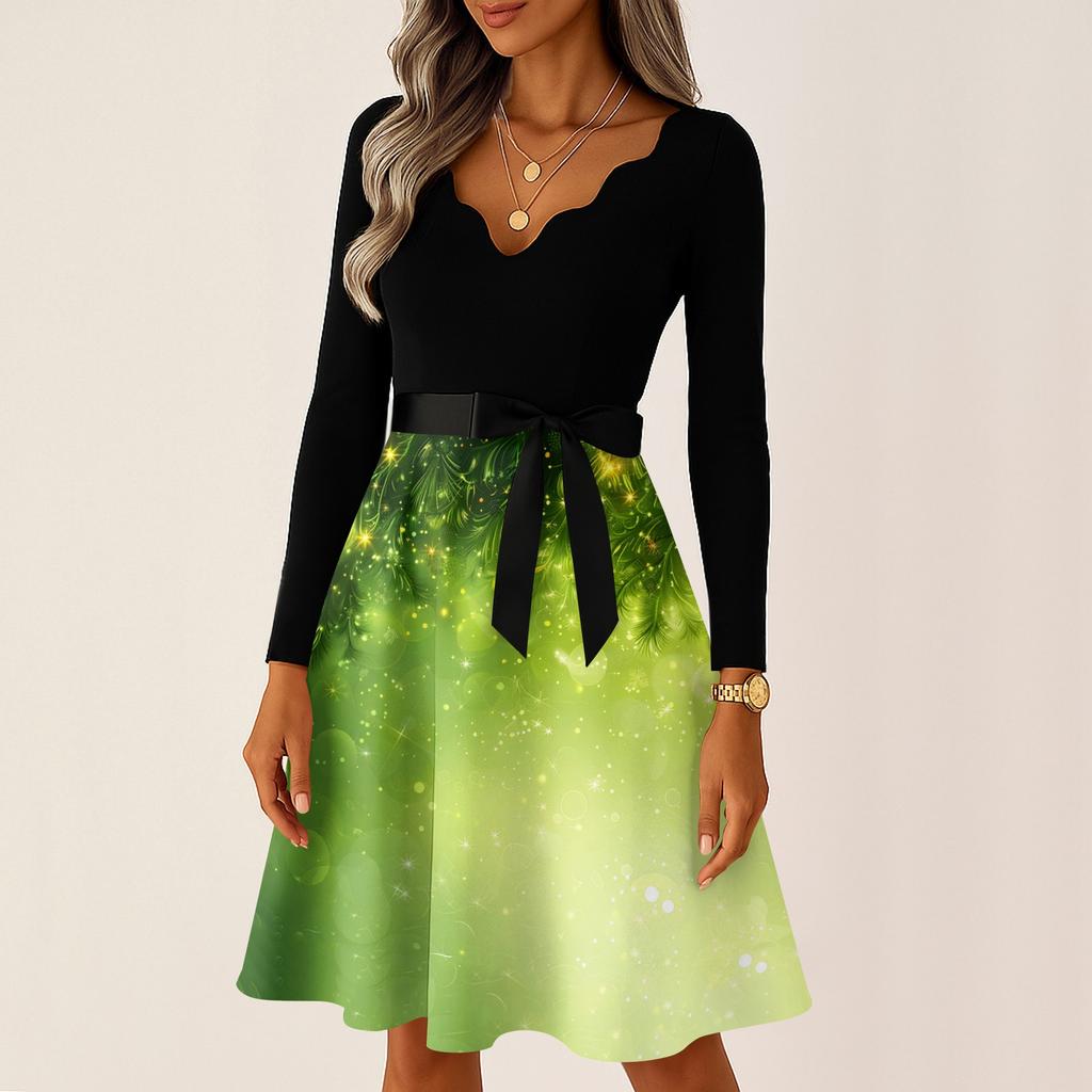 Women's Casual Fashion Long Sleeve Christmas Graphic Printed Vintage Long Dresses