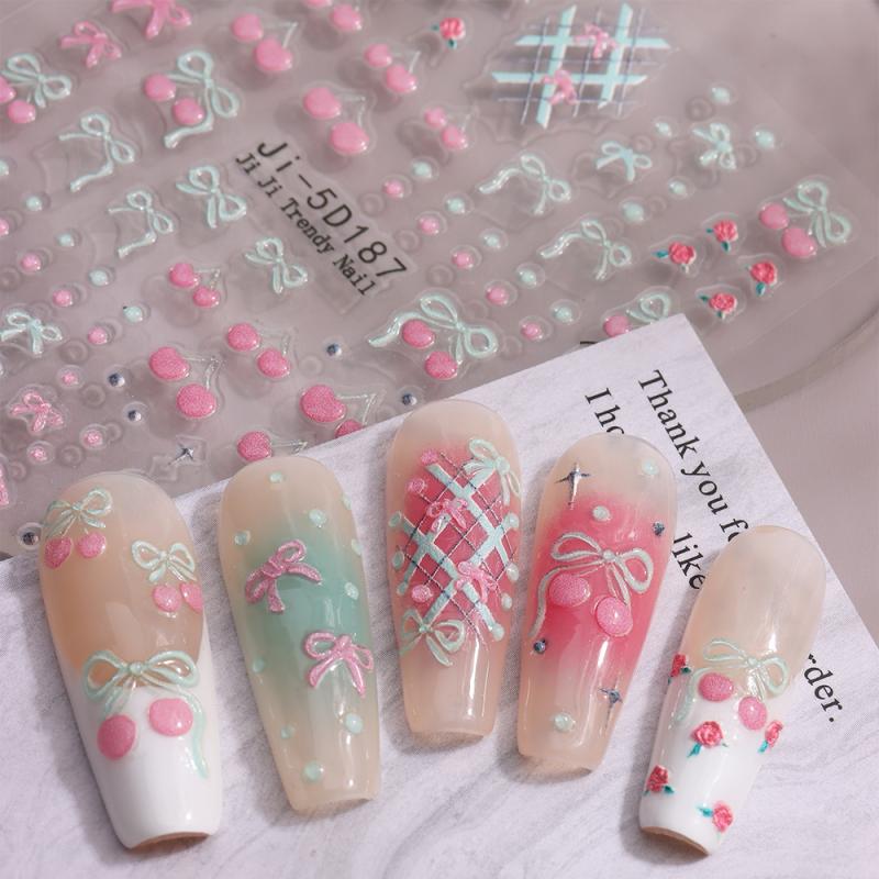 5D Bow Nail Sticker 3D Relief Cherry Bowknot Flower Summer Personalized Nail Back Adhesive Sticker Diy Nail Decoration Materials