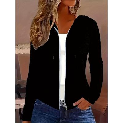 Solid Zip Up Hoodie, Casual Long Sleeve Drawstring Hoodie Sweatshirt, Women's Clothing