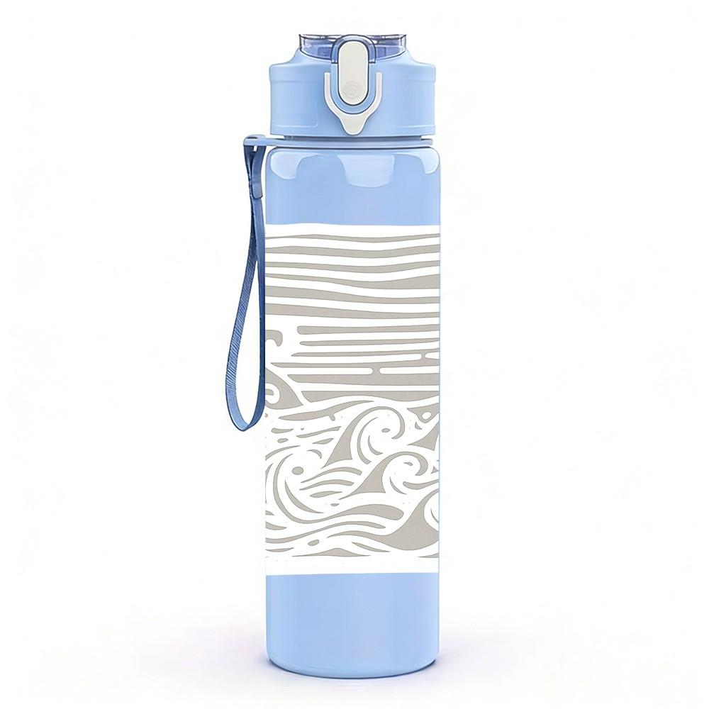 1PC Minimal Line Wave Ocean Sketch Print 750ml Color Plastic Sports Water Bottle Leakproof Flip Straw Lid Suitable for Sports Office Home Use