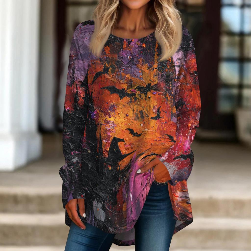 Women's Halloween Printed Pullover Top Loose Fit Neck Long Sleeve T-Shirt
