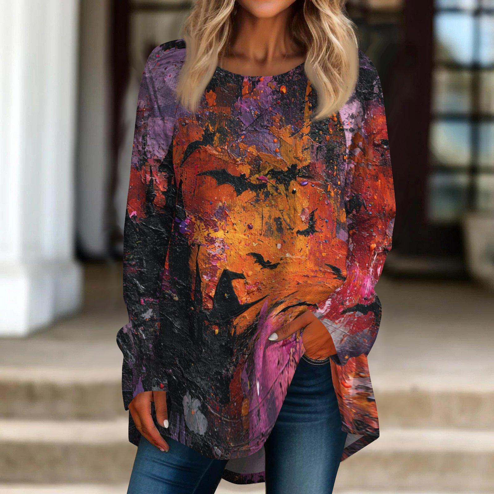 Women s Halloween Printed Pullover Top Loose Fit Neck Long Sleeve T-Shirt XXL