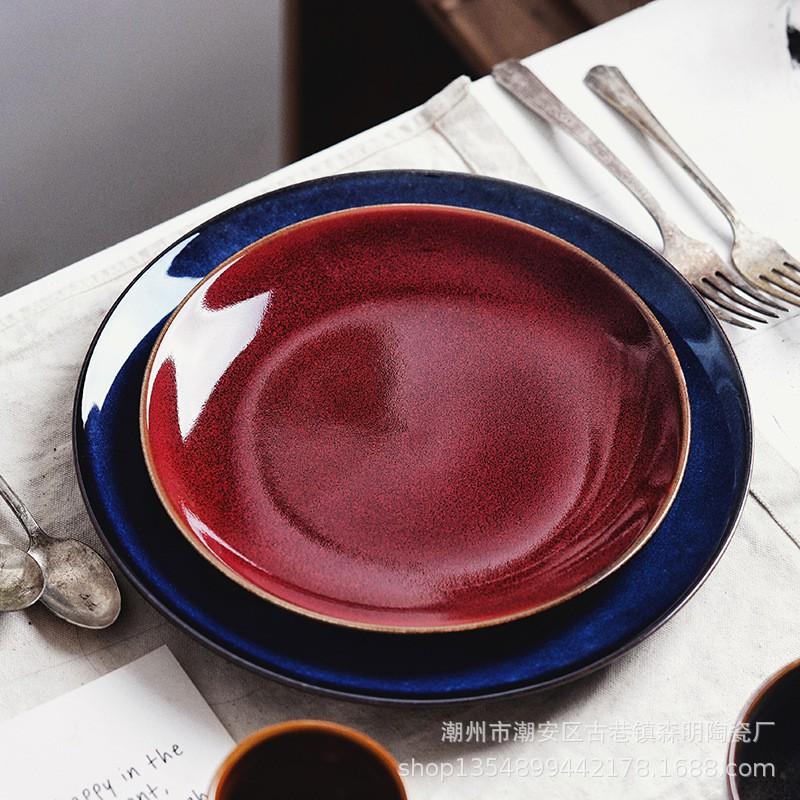 Japanese Retro Glazed Ceramic Round Dinner Plate Set Breakfast Salad Steak Dessert Microwave Safe Multiple Sizes Colors