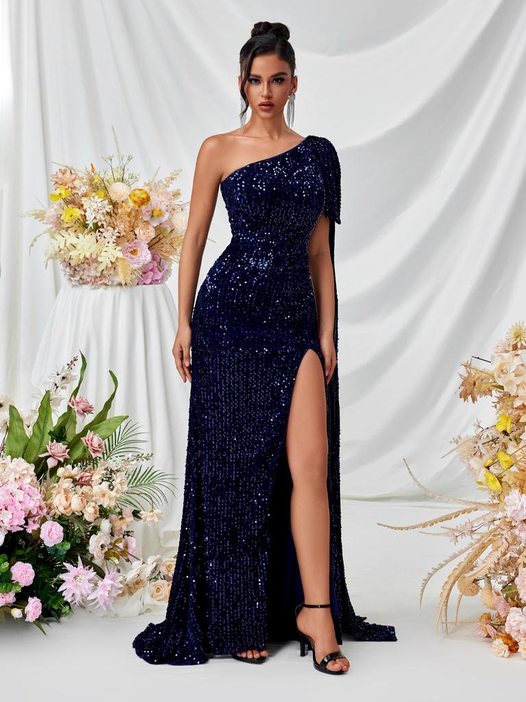 Europe, America, Amazon's new party evening dress party sequined one-shoulder split dress party dress