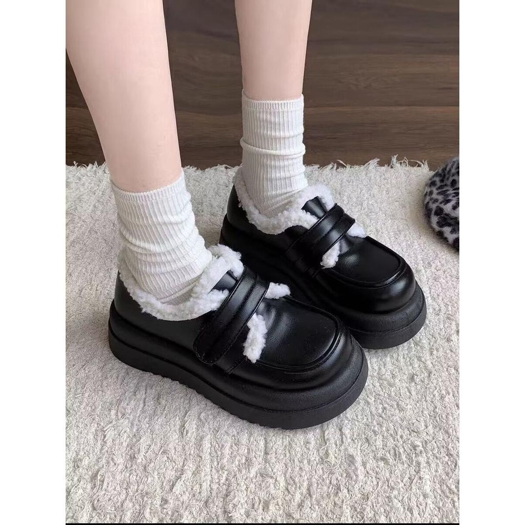 Versatile flat-soled loafers's winter new round head British college style heightening warm cotton shoes thick sole