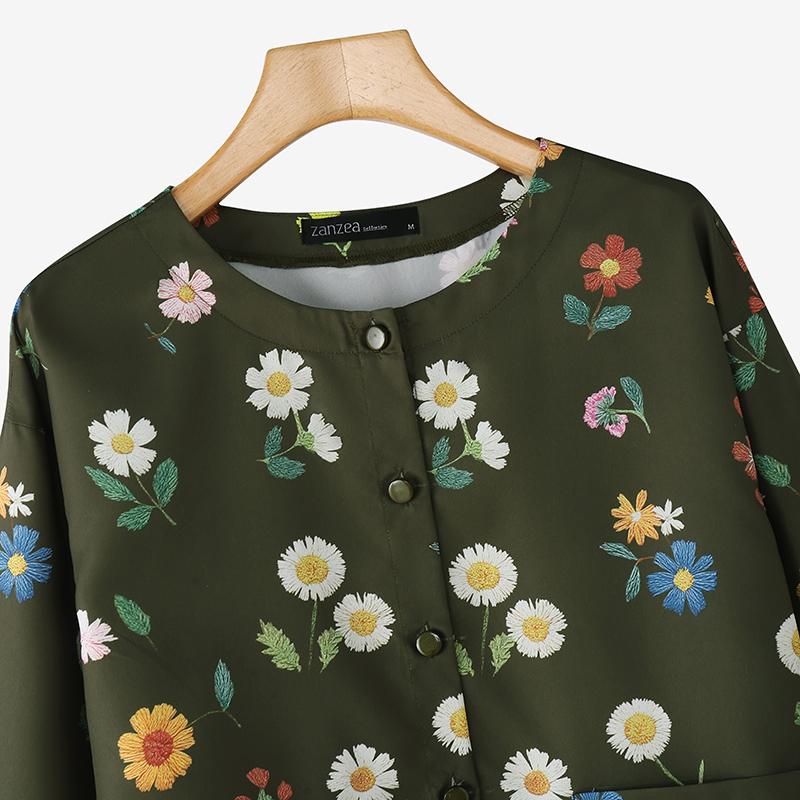 ZANZEA Women Casual Round Neck Long Sleeve Loose Floral Print Blouse