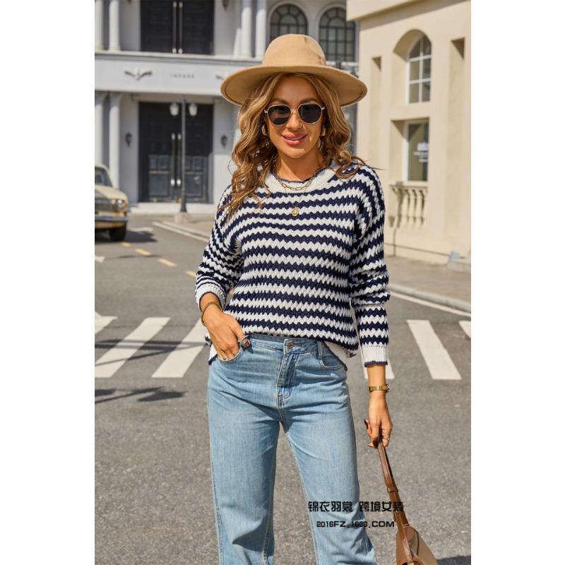 Simple Striped Sweater In Autumn and Winter Long-sleeved Round Neck Contrasting Color Versatile Knitted Top