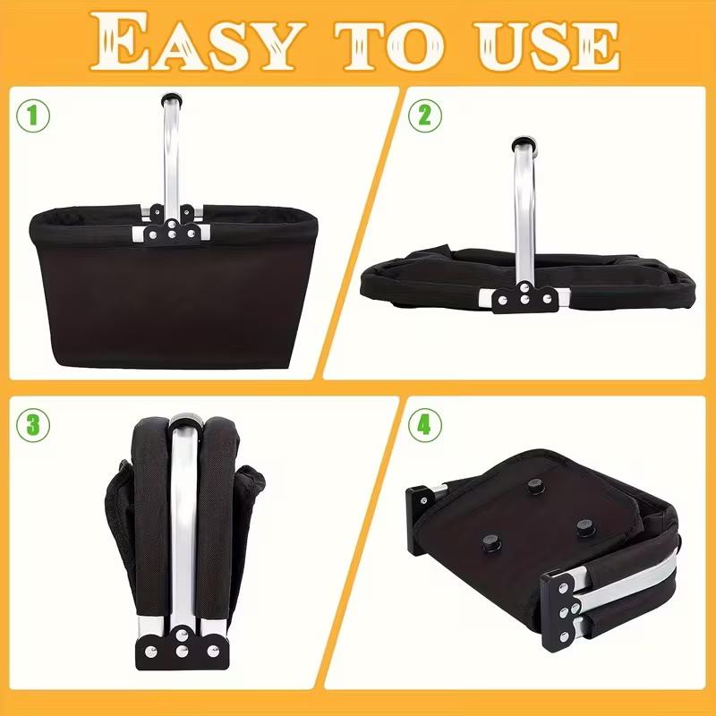 Foldable Aluminum Frame Basket With Large Zippered Side Pockets, Foldable Oxford Cloth Shopping Tote Bag, Insulated Picnic Bag