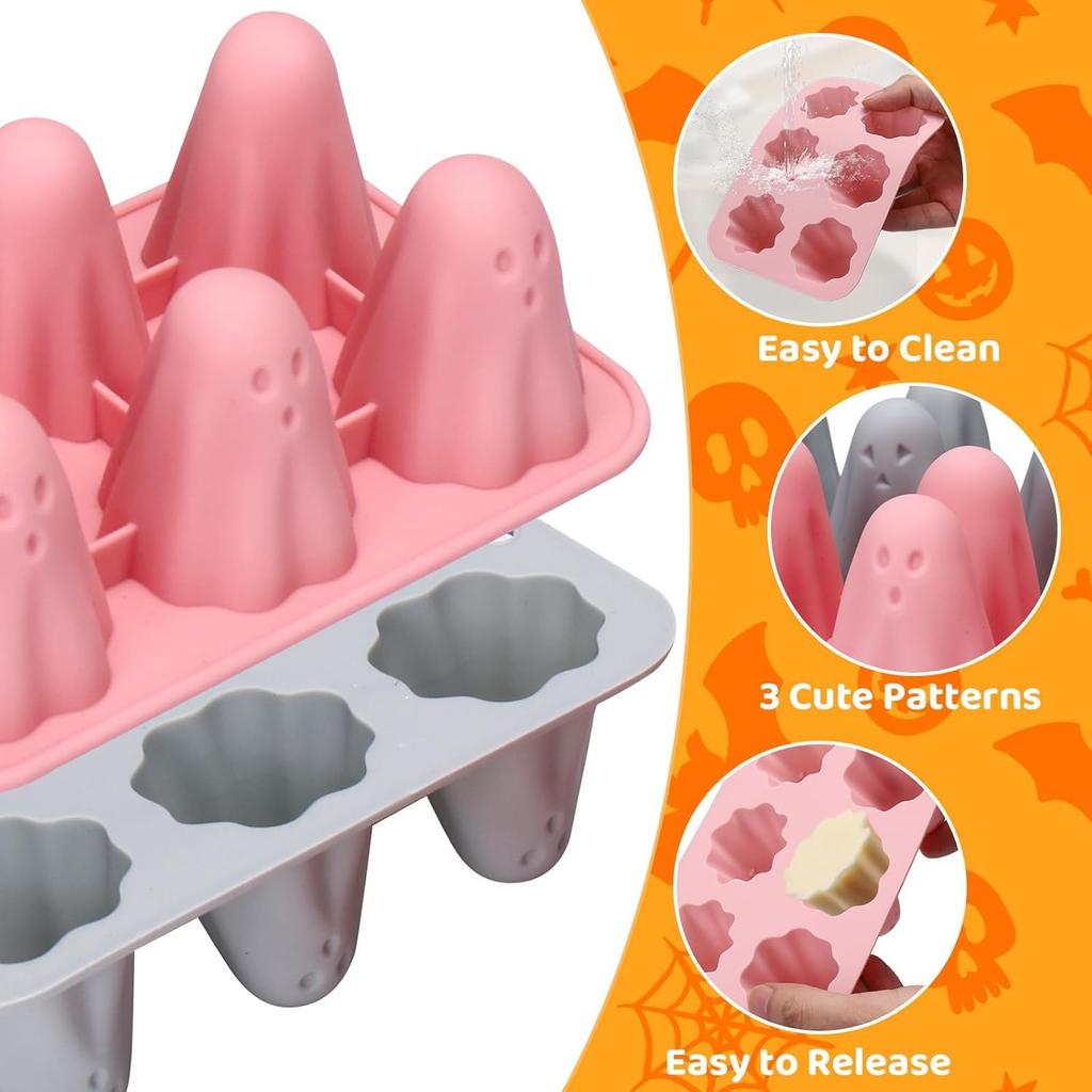 2Pcs Halloween Silicone Molds, 3D Ghost Silicone Mold for Food, Non-Stick Cute Ghost Cake Pop Mold for Jelly Chocolate Candy Gummy Crayon Resin