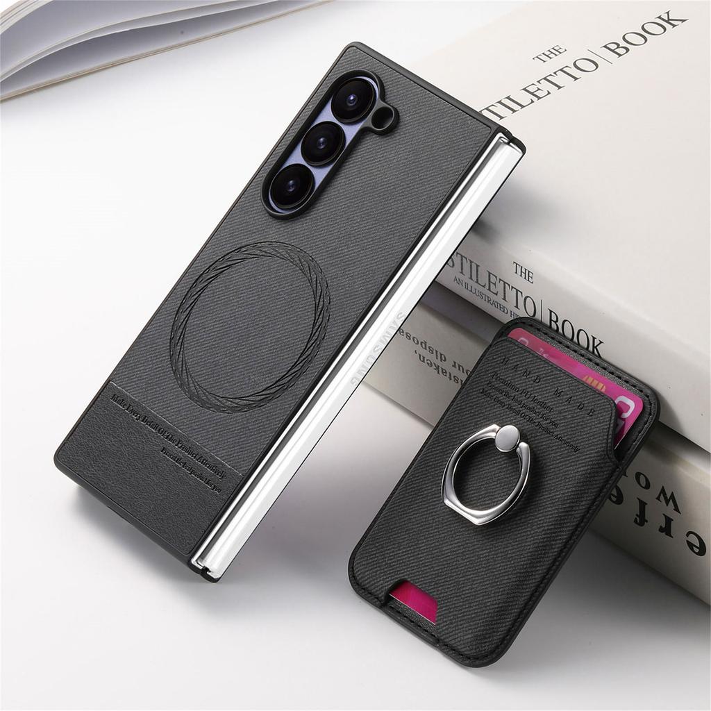 Magnetic Leather Wallet Phone Case with Card Holder Ring for Samsung Galaxy Z Fold 7 6 5 4 3 Fold7 Fold6 5G Detachable Cover