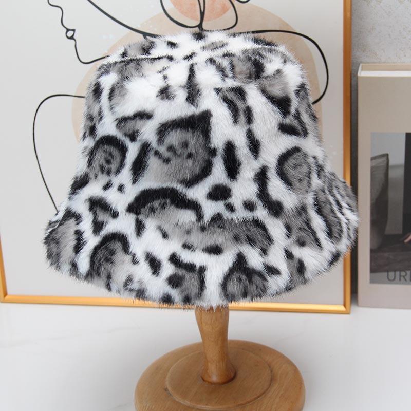 Autumn and winter leopard print plush bucket hat female retro face small imitation mink hair warm bucket hat versatile basin hat