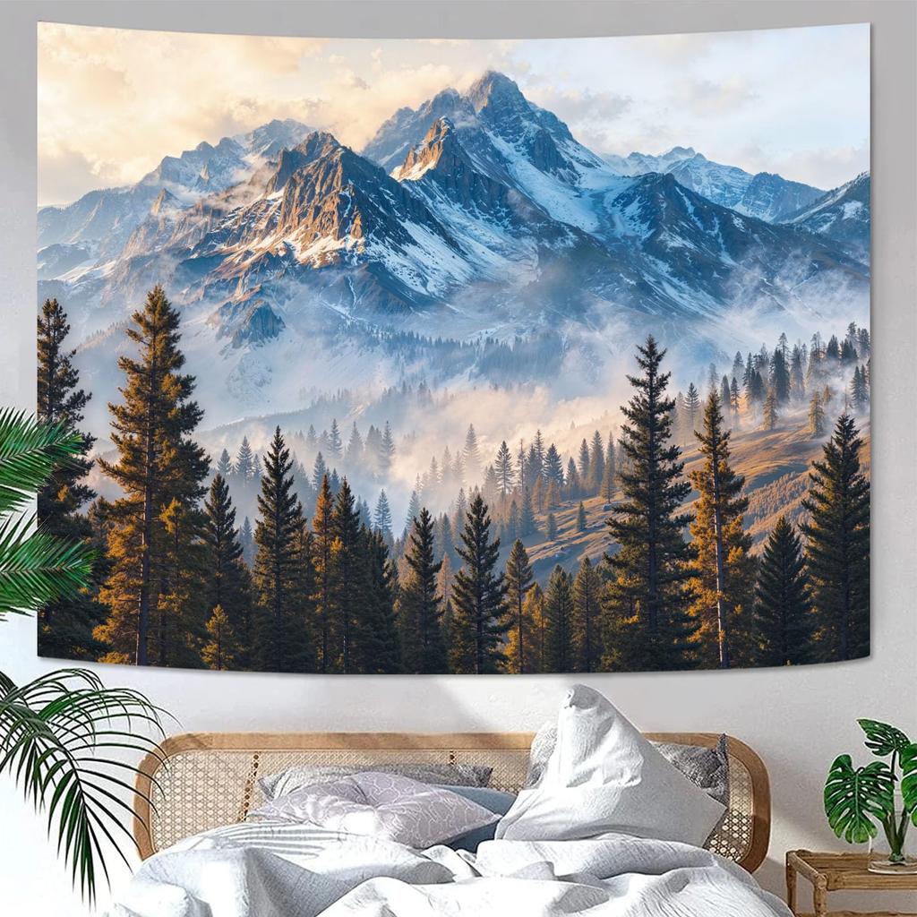 Nature Mountain Forest Tapestry Sage Green Tree Stream Wall Tapestry for Bedroom Aesthetic Lush Woodland Landscape Small
