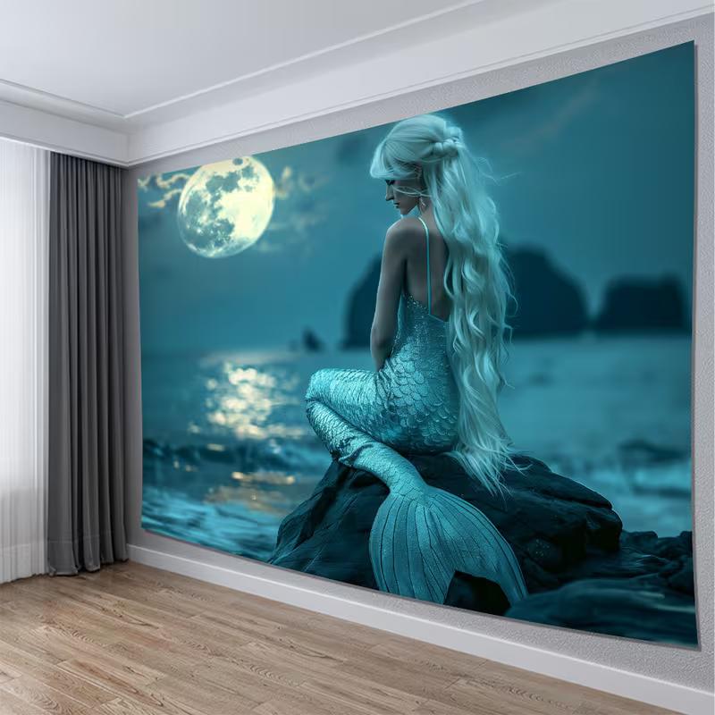 2D Mystical Teal Mermaid Tapestry, Night Beach Wall Art for Living Room