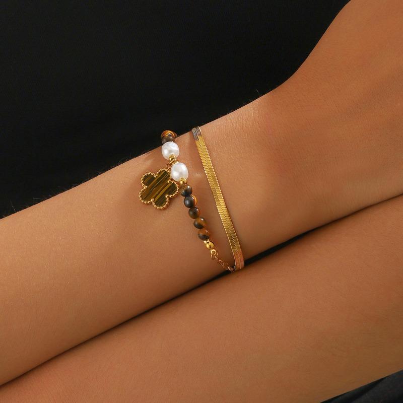 Gold Flower Pendant Tiger's Eye Beaded Herringbone Bracelet