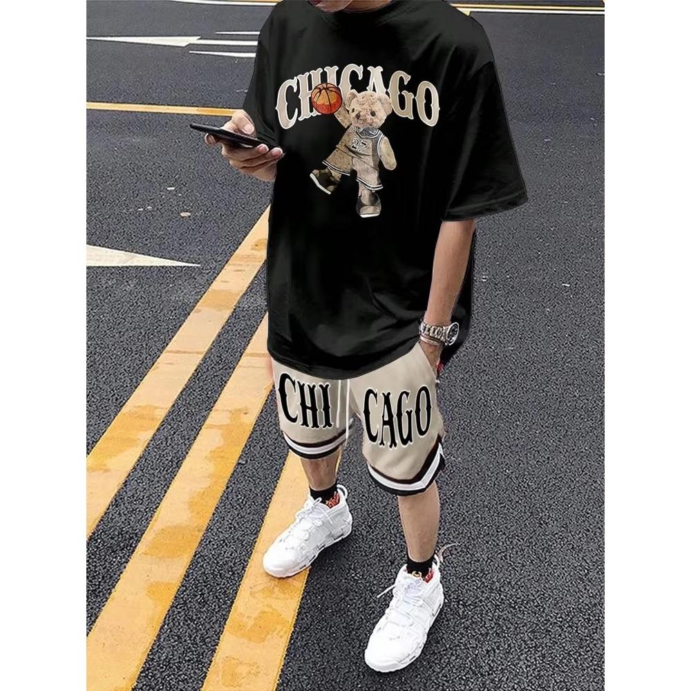 Cartoon Bear 3D Printed Men's Round Neck Short Sleeve 2-piece Set Urban Street Trendy Men's Top Outdoor Men's Drawstring Shorts