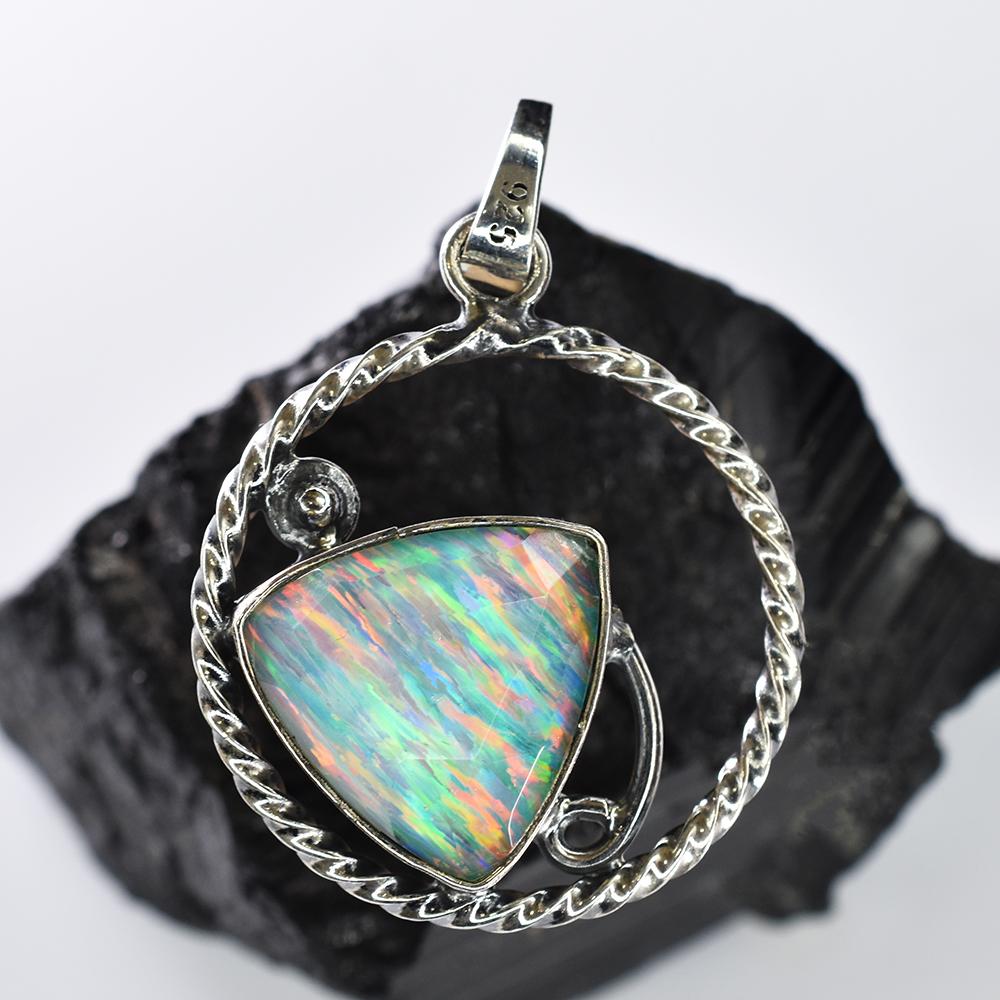 925 Sterling Silver CERTIFIED Natural Opal Trillion 30 Ct Gemstone Pendant