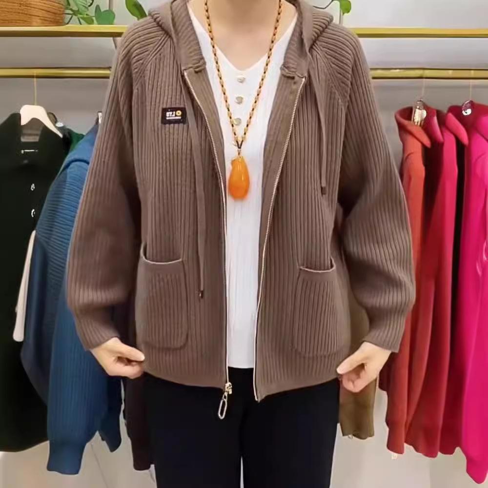 Autumn and Winter Hooded Zipper Knitted Top Sweater Cardigan Jacket for Women Middle-aged and Elderly Mothers