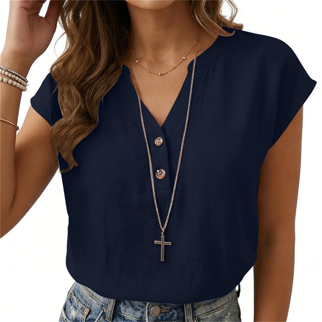 Women’s Casual Loose Fit Button Front Short Sleeve Blouse Relaxed V Neck Lightweight Top Suitable for Everyday Wear