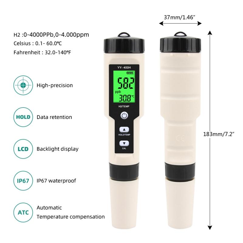 Digital Hydrogen Meter Water Quality Tester with ATC High Accuracy Pen Type H2 Meter Data Hold Function LCD Displays