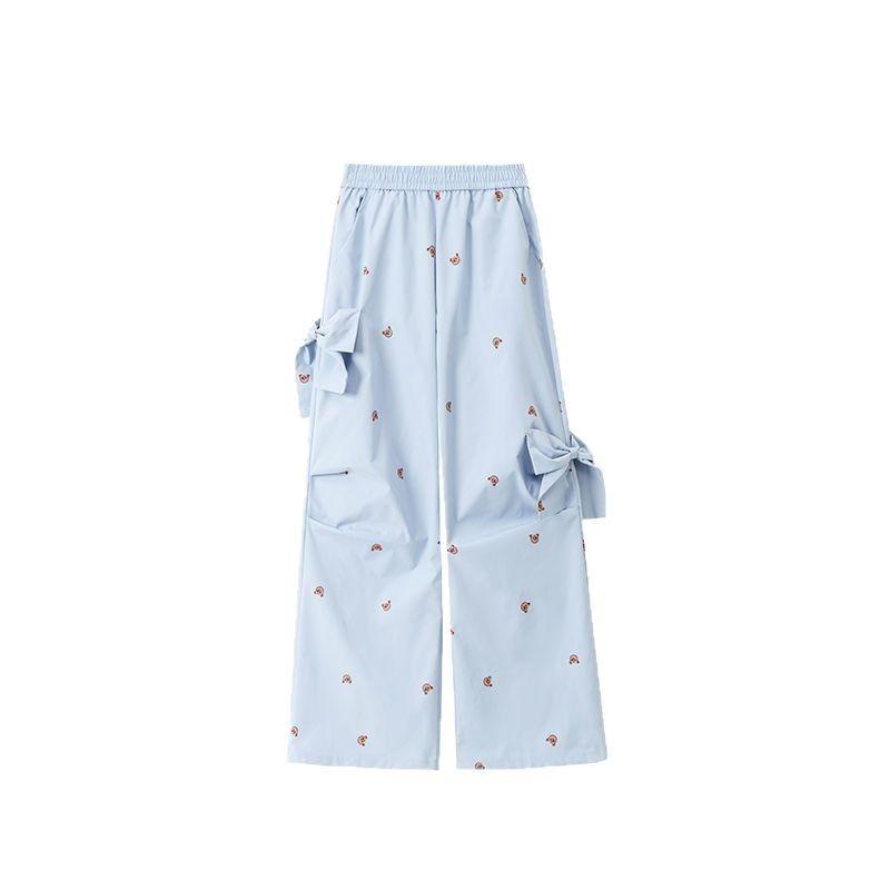 Printed three-dimensional bow decorative sweet and spicy casual overalls women's summer loose quick-drying wide-leg pants tide