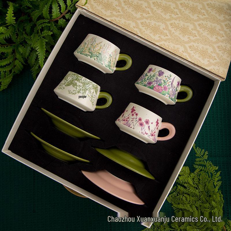 Retro Style Gift Box Set: High-End Ceramic Coffee and Tea Cup with Saucer