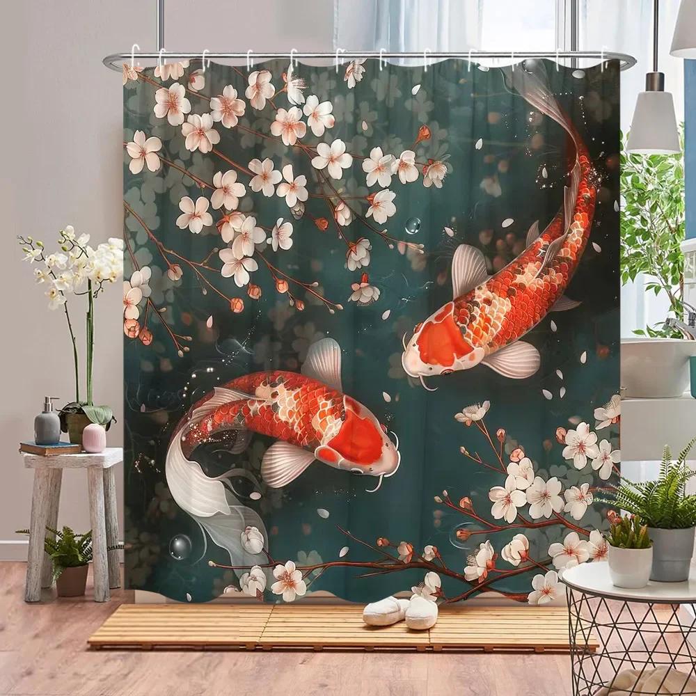 Koi Shower Curtain Asian Landscape Cherry Blossom Plant Pond Lotus Leaf Ink Painting Art Polyester Fabric Bathroom Decor Curtain
