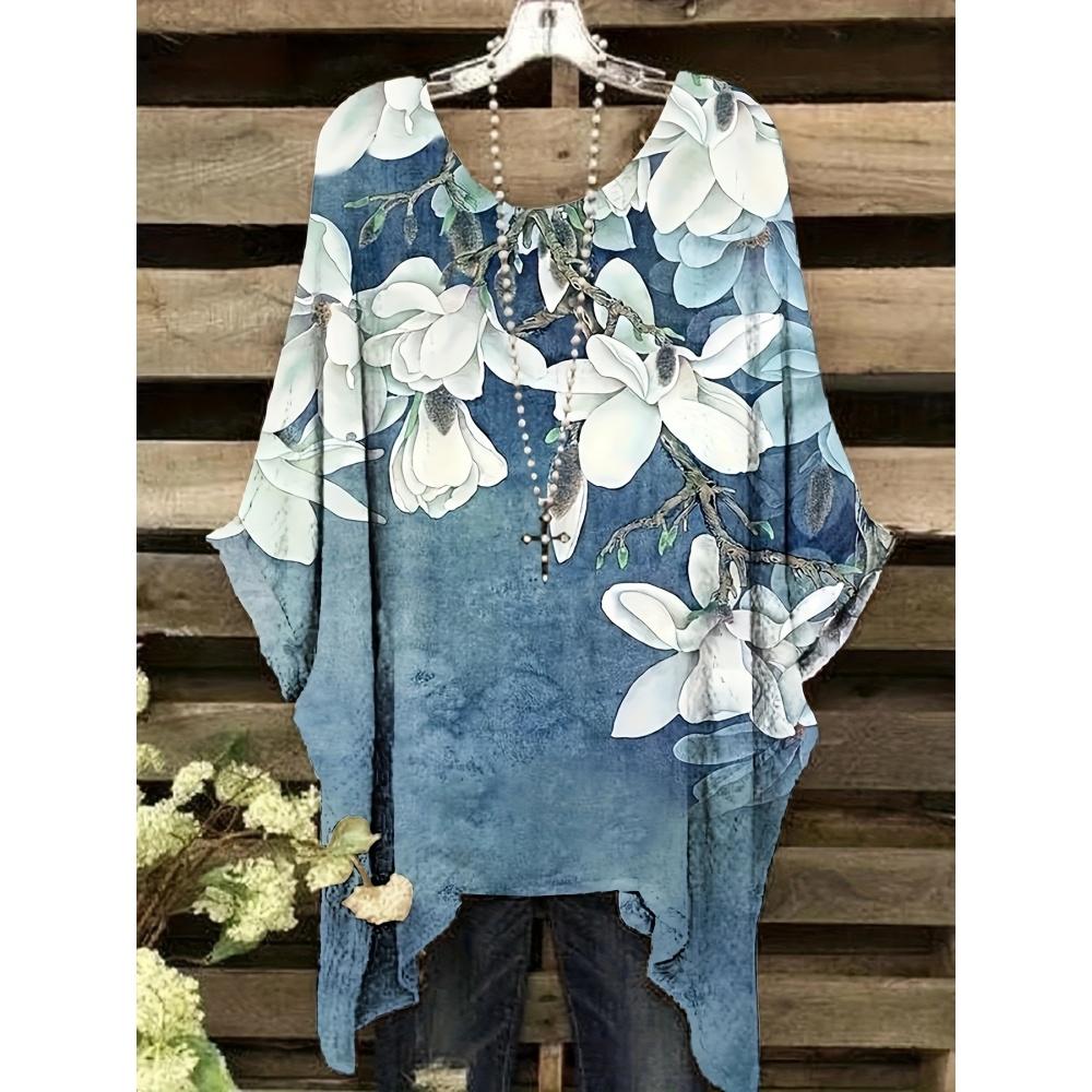 Women's Bohemian Flower Print T-Shirts Black Colorful Retro Full Body Graphic Y2k T-Shirts Summer Asymmetric Hemp&o- Neck Tops