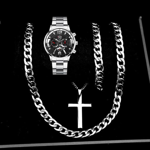 

Watch Four-Piece Men S Accessories Watch Bracelet Necklace Cross Men S Quartz Watch