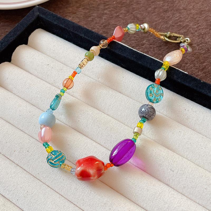 Dopamine Colorful Beads Choker Necklace for Women Ceramic Glass Star Heart Clavicle Chain Jewelry Gift