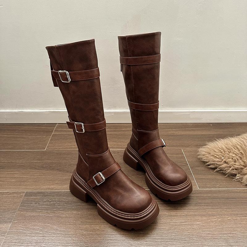 Black Small American Thin Thick-soled Western Cowboy Boots Women's 2025 New Autumn and Winter Heightening Retro Boots