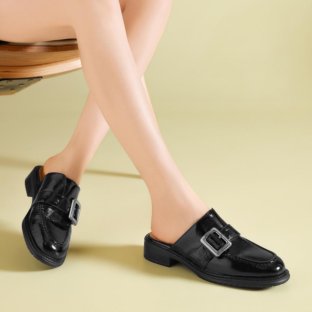 Black Glossy Square Buckle Toe Cover Half Drag Slippers