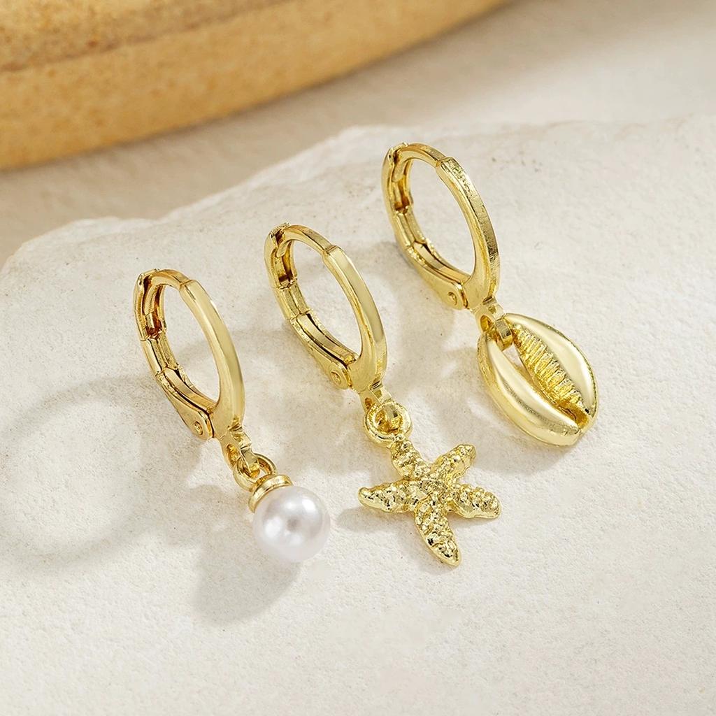 3 Stück Böhmische Seestern Muschel Hängeohrringe für Damen Sommer Strandstil Perle baumelnde Ohrringe Schmuckzubehör