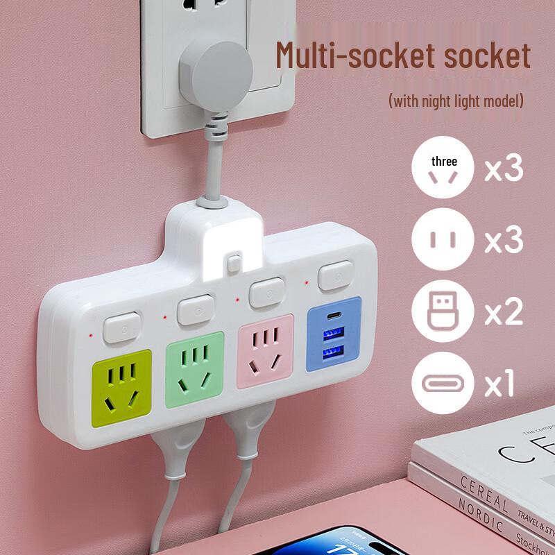 

Zhuochi Colored Panel Power Strip with 4 Switches, USB & Night Light CN plug (adapter included)