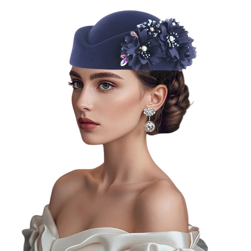 Cappello Pillbox da Donna Fiori Berretti Vintage Britannici in Feltro Cappellino per Chiesa Festa del Tè Accessorio