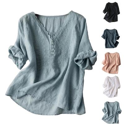 Women's Solid Color Cotton And Linen Short-sleeved Embroidered Retro Breathable T-shirt Round Neck Top