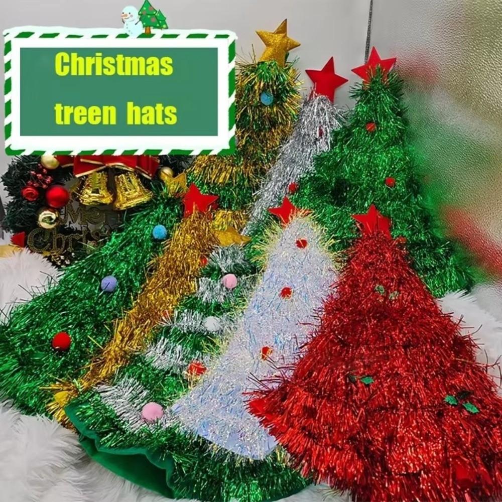 Shiny Tinsel Colorful Poms Christmas Tree Hat Festival Party Supplies Role-Playing Christmas Themed Hats Costume Hat Photo Props