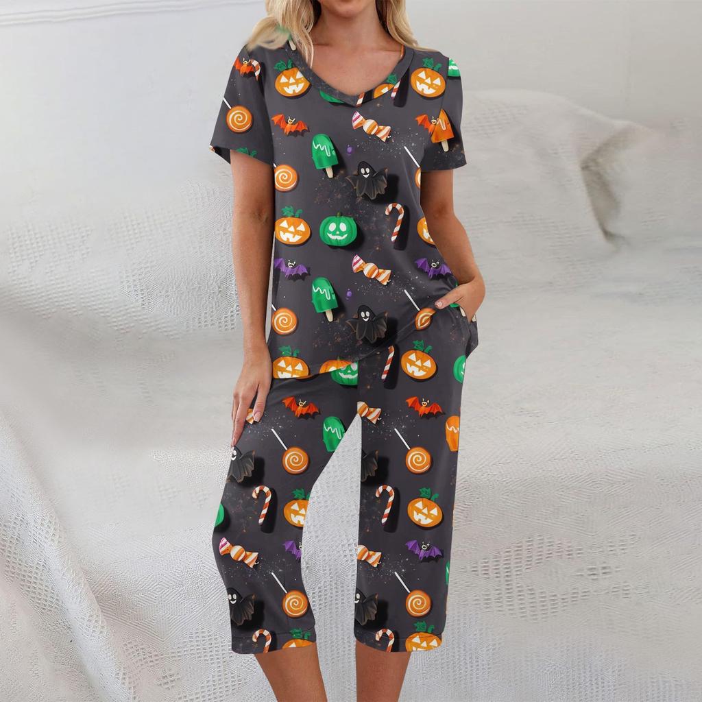Conjuntos de 2 piezas para mujer Top de manga corta y pantalones con bolsillos Conjuntos suaves de entrenamiento con estampado de Halloween