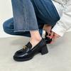 Cowhide Version _ Retro Thick Heel Loafers Women's Square Head Versatile Medium Heel Small Leather Shoes British Style One Pedal Single Shoes
